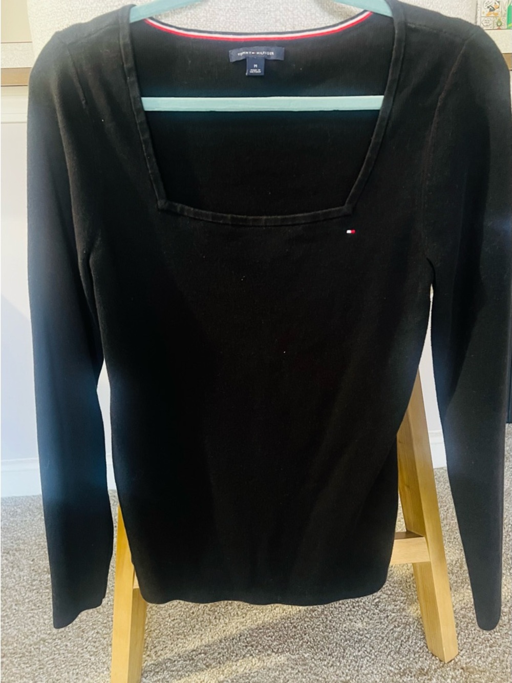 Tommy Hilfiger Black Square-Neck Long Sleeve Top with Logo
